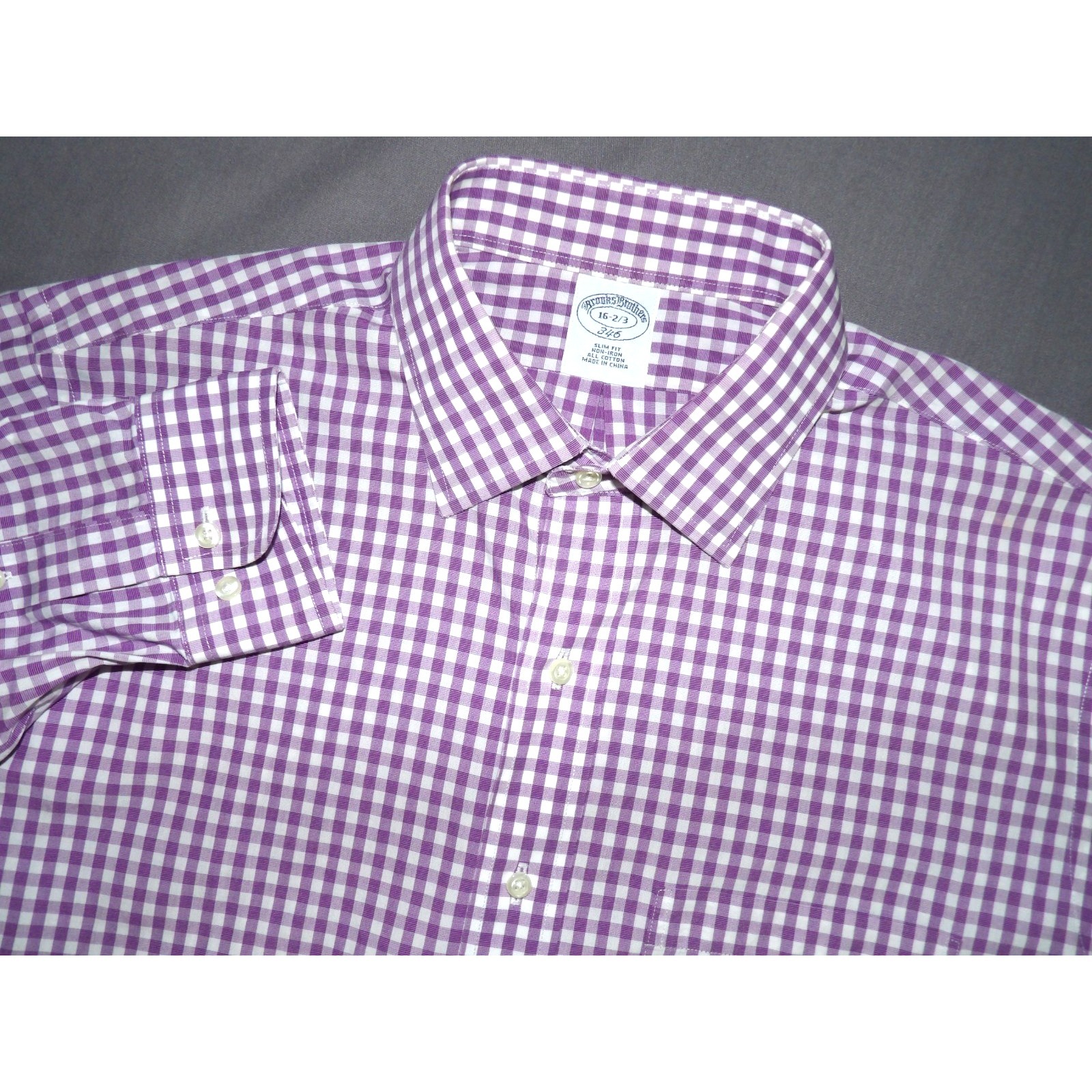 Brooks Brothers Non-Iron Purple Check Slim Fit Button Up Dress Shirt Men's 16